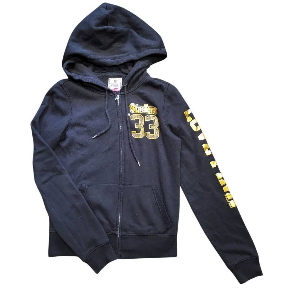 Vintage PINK Victoria's Secret NFL Hoodie Women's Medium Black Sequin Steelers - Picture 2 of 5